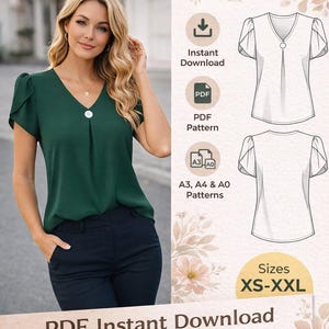 May include: A sewing pattern for a dark green V-neck blouse with short puff sleeves and a central button detail. The digital file includes PDF instructions for sizes XS-XXL, with printable A3, A4, and A0 formats available for instant download.