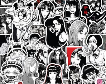 Lámina de pegatinas variadas Tomie Junji Ito - Pegatinas de vinilo impermeables para portátil, 40 diseños (4 láminas).
