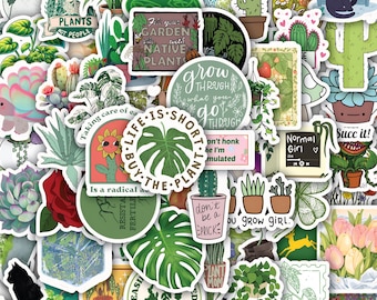 Hoja de pegatinas de plantas verdes - Adhesivos de vinilo impermeables para portátiles, 40 diseños (4 hojas).