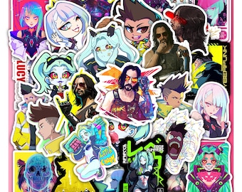 Hoja de pegatinas de Cyberpunk 2077: pegatinas de vinilo de ciencia ficción neón para portátiles, consolas, jugadores y regalos.