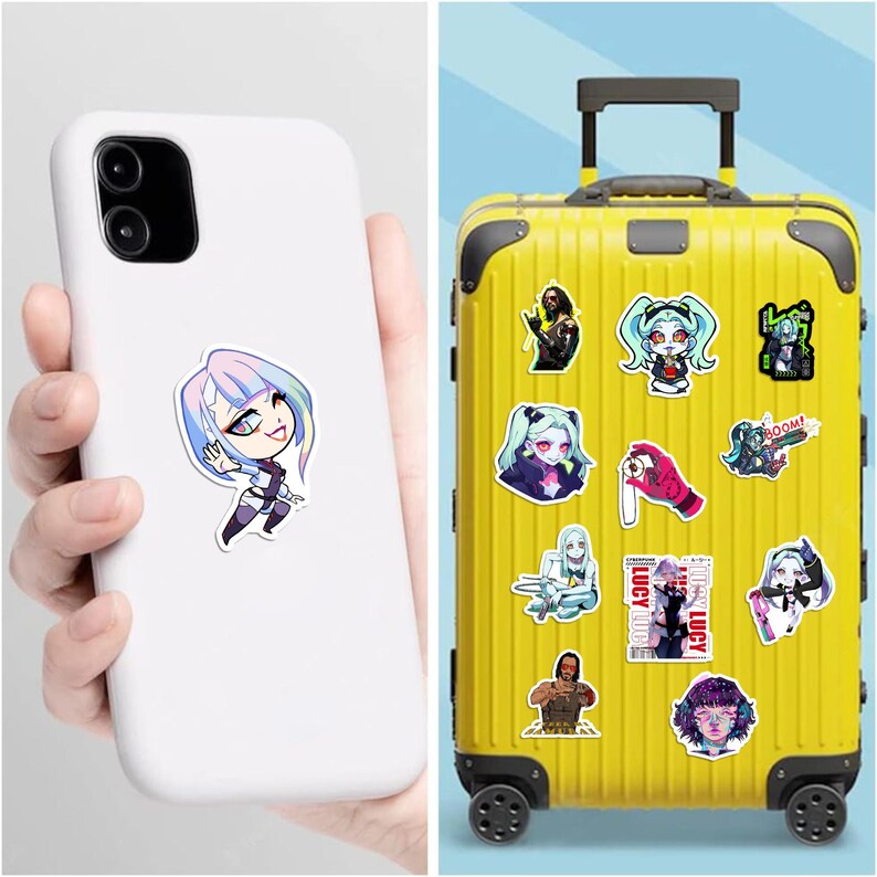 May include: A white smartphone case featuring a small chibi-style anime character sticker with pastel hair, alongside a bright yellow rolling suitcase covered in various anime-themed stickers, including characters, a hand holding an eye, and text.