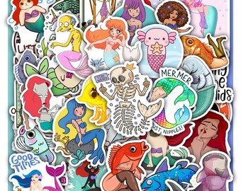 Hoja de pegatinas divertidas de sirenas: pegatinas de vinilo con humor marino, 40 diseños (4 hojas completas).