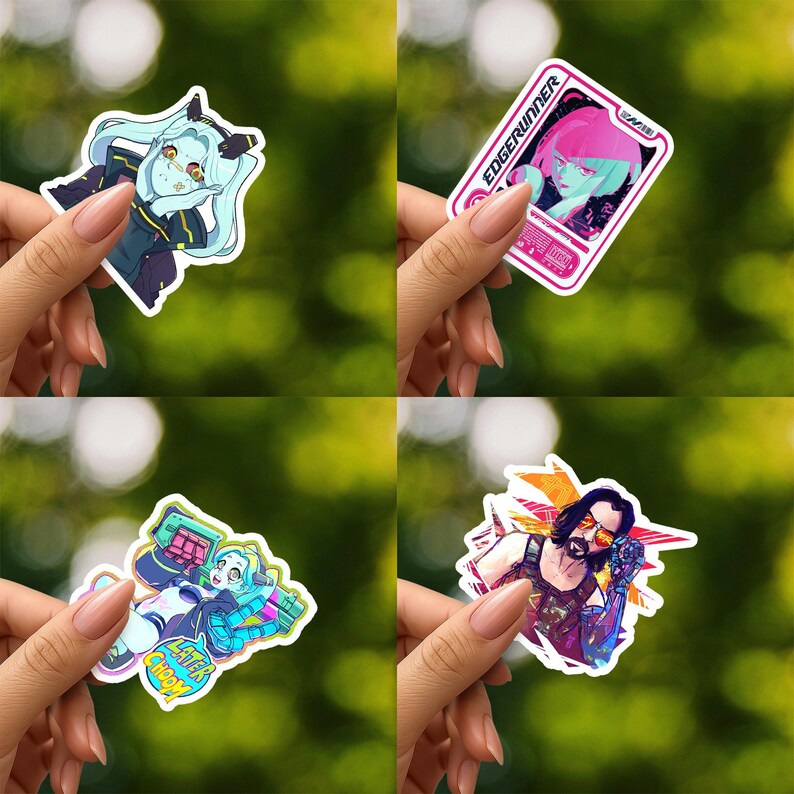 May include: A set of four vinyl stickers featuring anime-style characters and graphic designs. One sticker shows a character with light blue hair, another displays a pink-toned Edgerunner graphic, a third depicts a character with the text Later Choom, and the fourth shows a bearded character with sunglasses.