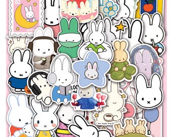 Hoja de pegatinas de Miffy / Pegatinas de vinilo minimalistas y adorables con conejitos para niños, diarios y portátiles (40 diseños, 4 hojas completas)