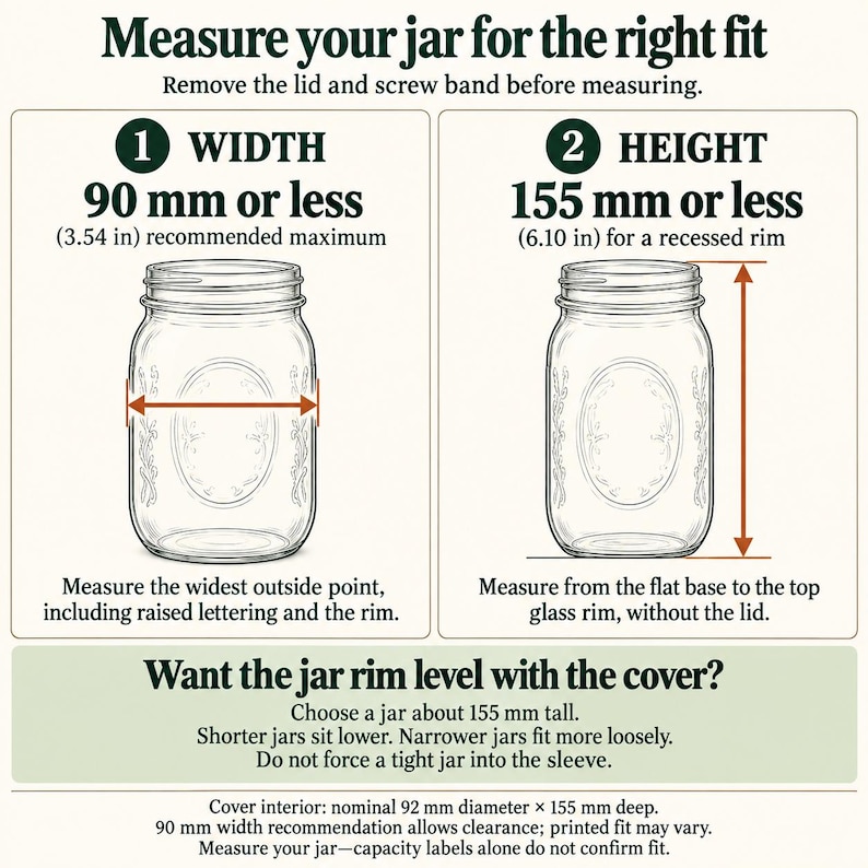 May include: An instructional diagram for measuring a glass jar. It specifies a maximum width of 90 mm (3.54 in) and a maximum height of 155 mm (6.10 in). The text provides guidance on measuring the widest point and base to rim for a proper fit.