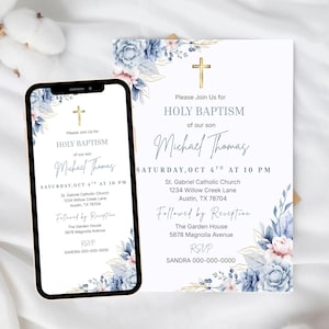 May include: A smartphone displaying a digital Holy Baptism invitation next to a printed version of the same card. Both feature a gold cross, blue and pink floral watercolor accents, and text detailing the event for Michael Thomas on October 4th.