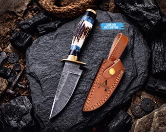 Handmade Damascus Knife with Stag Antler Handle, Anniversary Gifts for him, Birthday gift, Personalized gift, Gifts for dad, Groomsmen gifts