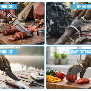 May include: A fixed-blade knife with a patterned steel blade, a brass bolster, and a textured handle. The knife is shown in four scenarios labeled CAMPING USE, HIKING USE, FISHING USE, and DAILY CUTTING TASK, demonstrating its versatility.