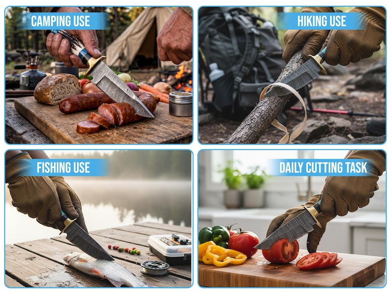May include: A fixed-blade knife with a patterned steel blade, a brass bolster, and a textured handle. The knife is shown in four scenarios labeled CAMPING USE, HIKING USE, FISHING USE, and DAILY CUTTING TASK, demonstrating its versatility.