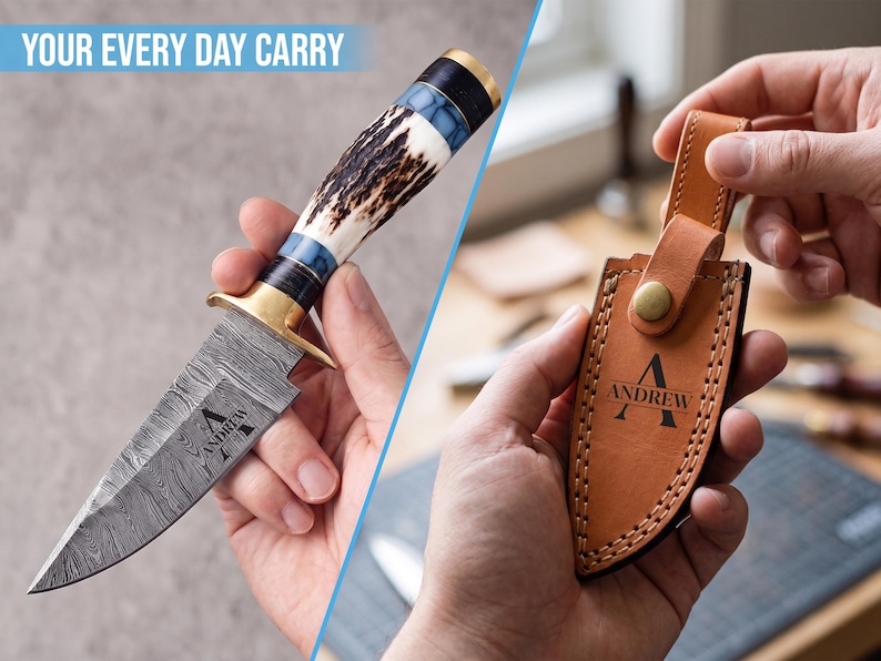 May include: A fixed-blade knife with a Damascus steel blade featuring the name ANDREW, a brass guard, and a handle made of antler and blue resin. Beside it, a tan leather sheath with a brass snap closure and the name ANDREW embossed on it.