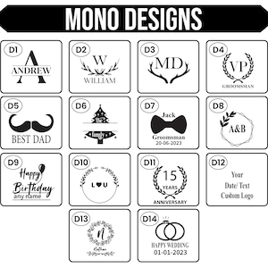 May include: A collection of fourteen black and white graphic design templates labeled D1 through D14 under the heading MONO DESIGNS. Each square frame contains unique text and symbols including monograms, wreaths, a mustache, a tree, and dates.