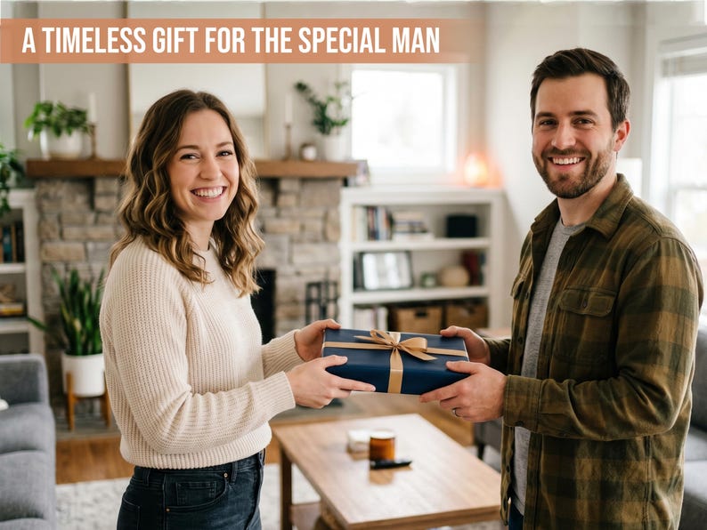 May include: A rectangular gift box wrapped in dark blue paper with a gold ribbon tied in a bow. The text A TIMELESS GIFT FOR THE SPECIAL MAN is printed in white on a light brown banner at the top of the image.