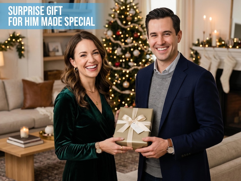 May include: A square gift box wrapped in gold paper with a cream-colored ribbon and a small blank tag. The text SURPRISE GIFT FOR HIM MADE SPECIAL is visible in the upper left corner. The box is held by two people in a festive indoor setting.