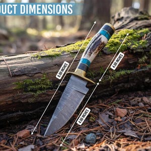 May include: A fixed-blade knife with a Damascus steel blade, a brass guard, and a handle featuring antler, turquoise, and black accents. The total length is 20.32 cm, with a 10.16 cm blade and a 10.16 cm handle, as indicated by the text.