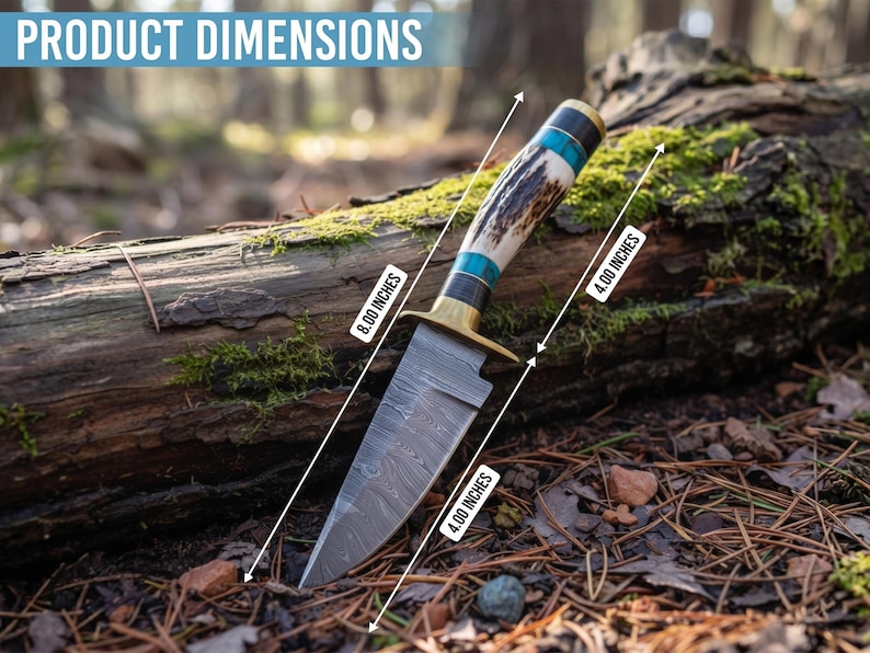May include: A fixed-blade knife with a Damascus steel blade, a brass guard, and a handle featuring antler, turquoise, and black accents. The total length is 20.32 cm, with a 10.16 cm blade and a 10.16 cm handle, as indicated by the text.