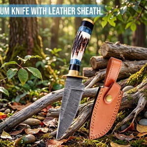 May include: A fixed-blade knife with a patterned Damascus steel blade, a brass guard, and a handle featuring dark antler and blue resin sections. The knife is accompanied by a tan leather sheath with a snap closure and visible stitching.