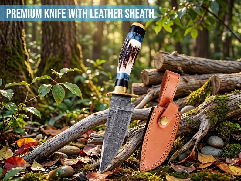 May include: A fixed-blade knife with a patterned Damascus steel blade, a brass guard, and a handle featuring dark antler and blue resin sections. The knife is accompanied by a tan leather sheath with a snap closure and visible stitching.