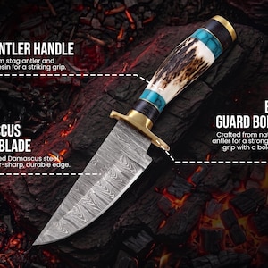 May include: A knife with a Damascus steel blade, a brass guard bolster, and a handle made of stag antler and turquoise resin. Text on the image reads: STAG ANTLER HANDLE, Crafted from stag antler and turquoise resin for a striking grip, DAMASCUS STEEL BLADE, Hand-forged Damascus steel with a razor-sharp, durable edge, BRASS GUARD BOLSTER, Crafted from natural stag antler for a strong, textured grip with a bold, rugged appeal.