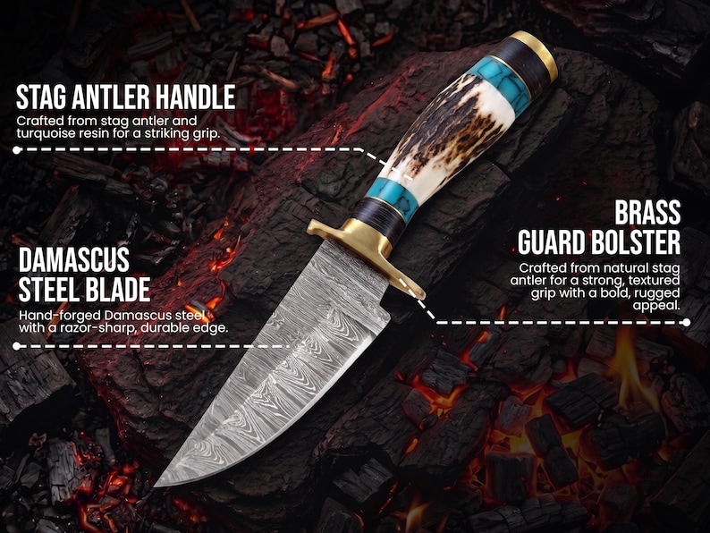 May include: A knife with a Damascus steel blade, a brass guard bolster, and a handle made of stag antler and turquoise resin. Text on the image reads: STAG ANTLER HANDLE, Crafted from stag antler and turquoise resin for a striking grip, DAMASCUS STEEL BLADE, Hand-forged Damascus steel with a razor-sharp, durable edge, BRASS GUARD BOLSTER, Crafted from natural stag antler for a strong, textured grip with a bold, rugged appeal.