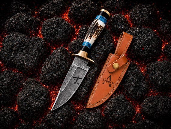 Handmade Damascus Knife with Antler Handle, Anniversary Gifts for him, Birthday gifts, Personalized gift, Gifts for husband, Groomsmen gifts