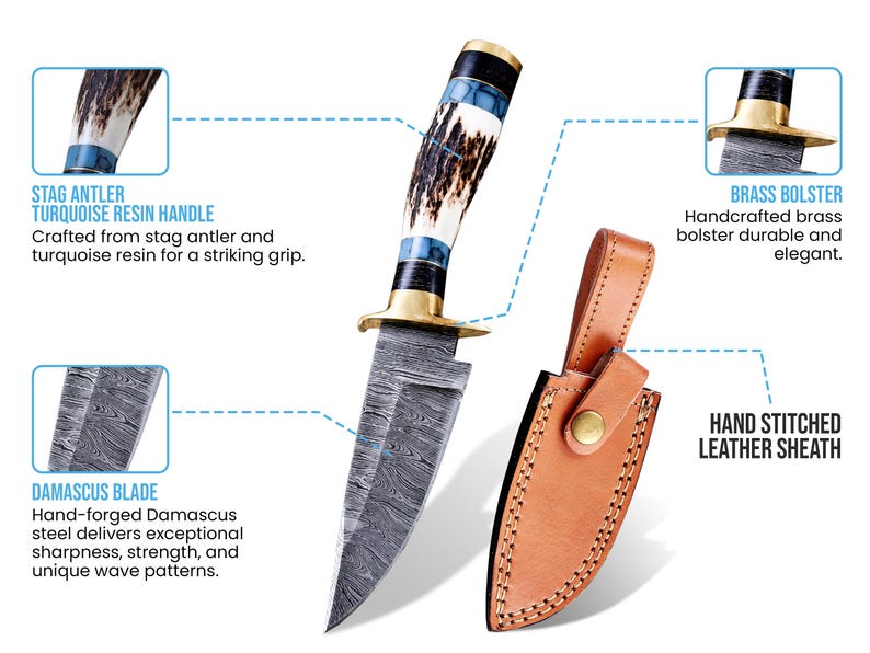 May include: A Damascus steel blade knife with a stag antler and turquoise resin handle, a brass bolster, and a hand-stitched tan leather sheath. Text labels include STAG ANTLER TURQUOISE RESIN HANDLE, BRASS BOLSTER, DAMASCUS BLADE, and HAND STITCHED LEATHER SHEATH.