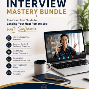 Peut inclure: Un produit numérique intitulé Remote Job Interview Mastery Bundle. Le texte inclut The Complete Guide to Landing Your Next Remote Job With Confidence, une liste de six sujets, un ordinateur portable en appel vidéo et ScalaPressDesigns.