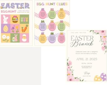 Editable Easter Canva Templates | Easter Egg Hunt Clues Flyer & Easter Brunch Invitation | Printable Easter Party Invite | Instant Download