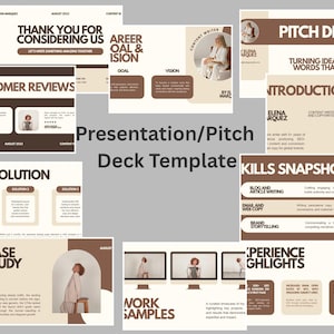 Op de afbeelding: Een digitale presentatie- of pitchdeck-sjabloon met een neutraal kleurenpalet van beige en donkerbruin. De lay-out bevat meerdere dia's met koppen zoals Thank You, Career Goal, Pitch Deck, Customer Reviews en Skills Snapshot.