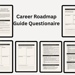 Op de afbeelding: Een digitale Career Roadmap Guide-vragenlijst met meerdere pagina's met zwarte tekst op een crèmekleurige achtergrond. Het document bevat secties voor zelfevaluatie, langetermijncarrièredoelen, kortetermijndoelen, netwerken en actieplannen.