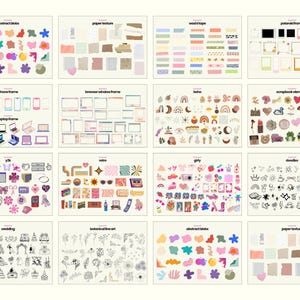 May include: A digital sticker collection featuring sixteen distinct categories including abstract blobs, paper textures, washi tape, polaroid frames, phone and laptop frames, browser windows, boho icons, scrapbook elements, y2k, retro, girly, and doodle designs.