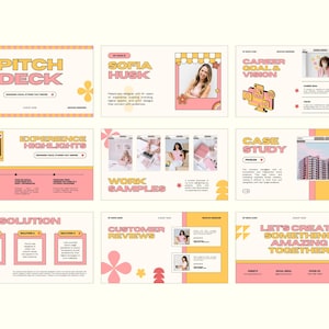 May include: A multi-page digital pitch deck template featuring a soft color palette of cream, yellow, and pink. The layout includes sections for a bio, career goals, experience highlights, work samples, case studies, solutions, and reviews.