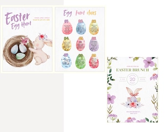 Modèles Canva modifiables pour Pâques | Flyer d'indices pour la chasse aux œufs et invitation pour le brunch de Pâques | Invitation imprimable pour une fête de Pâques | Téléchargement instantané