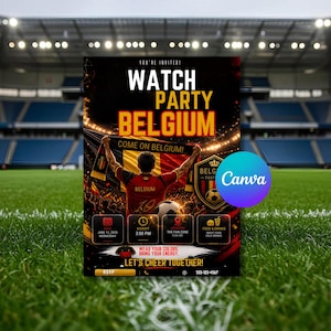 Może przedstawiać: Cyfrowa ulotka na imprezę oglądania meczu Belgii z osobą w czerwonej koszulce trzymającą flagę Belgii. Tekst zawiera WATCH PARTY BELGIUM, COME ON BELGIUM, 11 CZERWCA 2025, 15:00, THE FAN ZONE, GREAT FOOD, COLD DRINKS, 555-123-4567.