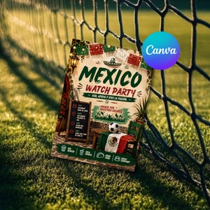 Może przedstawiać: Ulotka "Mexico Watch Party" w kolorach zielonym, białym i czerwonym, z piłką nożną, meksykańską flagą oraz tekstem "Mexico Watch Party," "Ven, apoya y vive la pasión," "Unidos por nuestros colores" i szczegółami dotyczącymi wydarzenia.