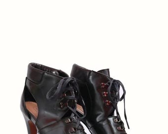 ALAÏA Dark Green Leather Lace Up Platform Heels Women's 39 / 8.5 US