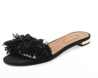 Aquazzura Wild Thing Fringe Slide Sandals Black Suede  Women's Size 38