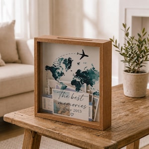 Caja de recuerdos de viaje personalizada, Caja de recuerdos personalizada, Caja de recuerdos con mapa del mundo, Portaboletos, Almacenamiento de fotos, Regalo de aventura para parejas