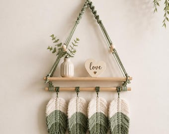 Macramé wandplank met bladkwastjes, zwevende wandplank, boho rustiek huisdecor voor woonkamer, slaapkamer en kinderkamer, handgemaakte Gi