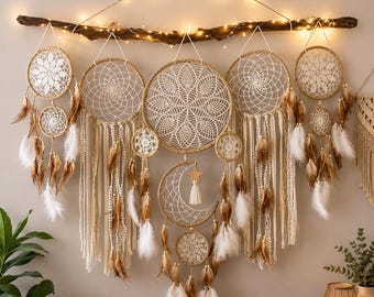 5-delige grote maan dromenvanger muurhanger, boho zon en maan handgemaakte dromenvanger, zoete dromen slaapkamer decor, kinderkamer muur decor