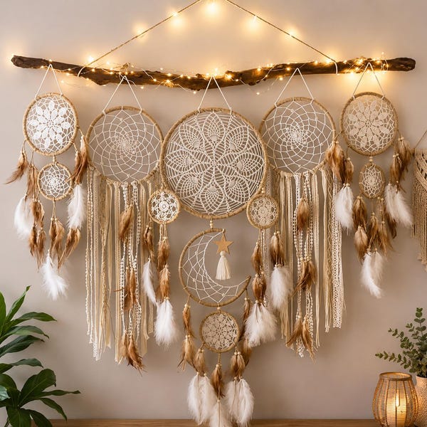 5-Piece Large Moon Dream Catcher Wall Hanging, Boho Sun & Moon Handmade Dreamcatcher, Sweet Dreams Bedroom Decor, Nursery Wall Decor