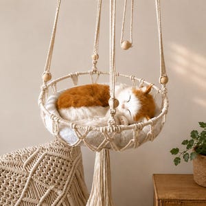 May include: A cream-colored macrame hanging cat bed featuring a circular woven frame with wooden beads and a soft white cushion. An orange and white cat is curled up sleeping inside the suspended structure, which is supported by thick cords.