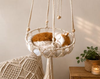 Extra grote handgeweven kattenhangmat van katoenen touw, boho hangend huisdierschommelbed