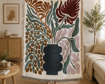 Boho bloemen geweven deken 125 x 150 cm, bankkleed met kwastje, wandtapijt, picknickdeken, bedovertrek, gezellig interieur