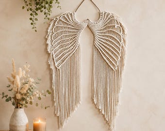 Handgemaakte macramé-muurhanger engelenvleugels | Muurdecoratie bohokatoen, crèmekleur