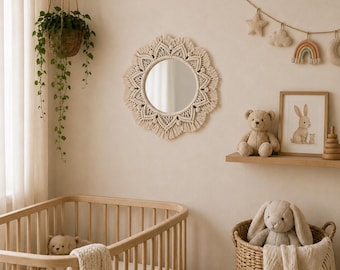 Boho macramé ronde spiegel | Handgemaakte katoenen koord muurdecoratie, houten kralen