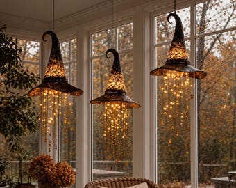 LED Witch Hat Hanging Chime with Star Tassels, Spooky Halloween Light Decor, Vintage Hollow Witch Hat Pendant, Witchy Porch Decoration
