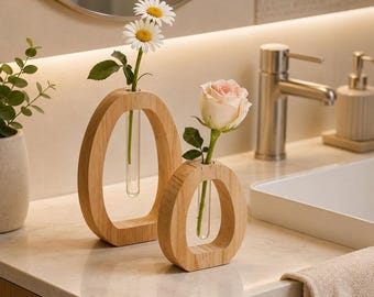 Houten hydrocultuur plantenvazenset, propagatiestation glazen buis, rustiek huisdecor