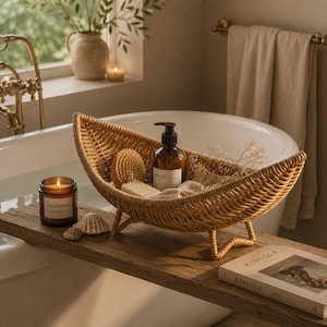 May include: A curved, light brown woven rattan basket with four short legs, holding a brown glass pump bottle, a wooden bath brush, and a bar of soap. The basket sits on a wooden bath tray alongside a lit candle in a brown glass jar and a book.