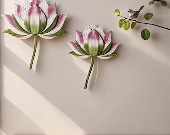 2 stuks natuurlijke lotusbloem houten muur decor, elegante bloemen kunst aan de muur, boho botanische muur opknoping, minimalistische slaapkamer decor, kinderkamer kunst aan de muur