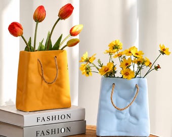 Nordic keramische tassenvaas | Moderne boodschappentas bloemenvaas | Minimalistisch woondecoratie | Decoratief tafelstuk | Uniek cadeau | Vaas